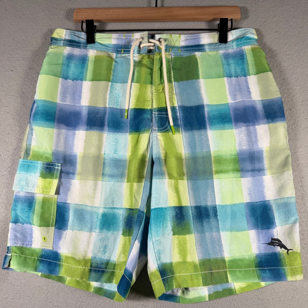 Tommy Bahama Mens Blue Green Watercolor Plaid Board Shorts Swim Trunks‎ Large